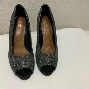 Clarks Black Patterned Peep Toe Heels